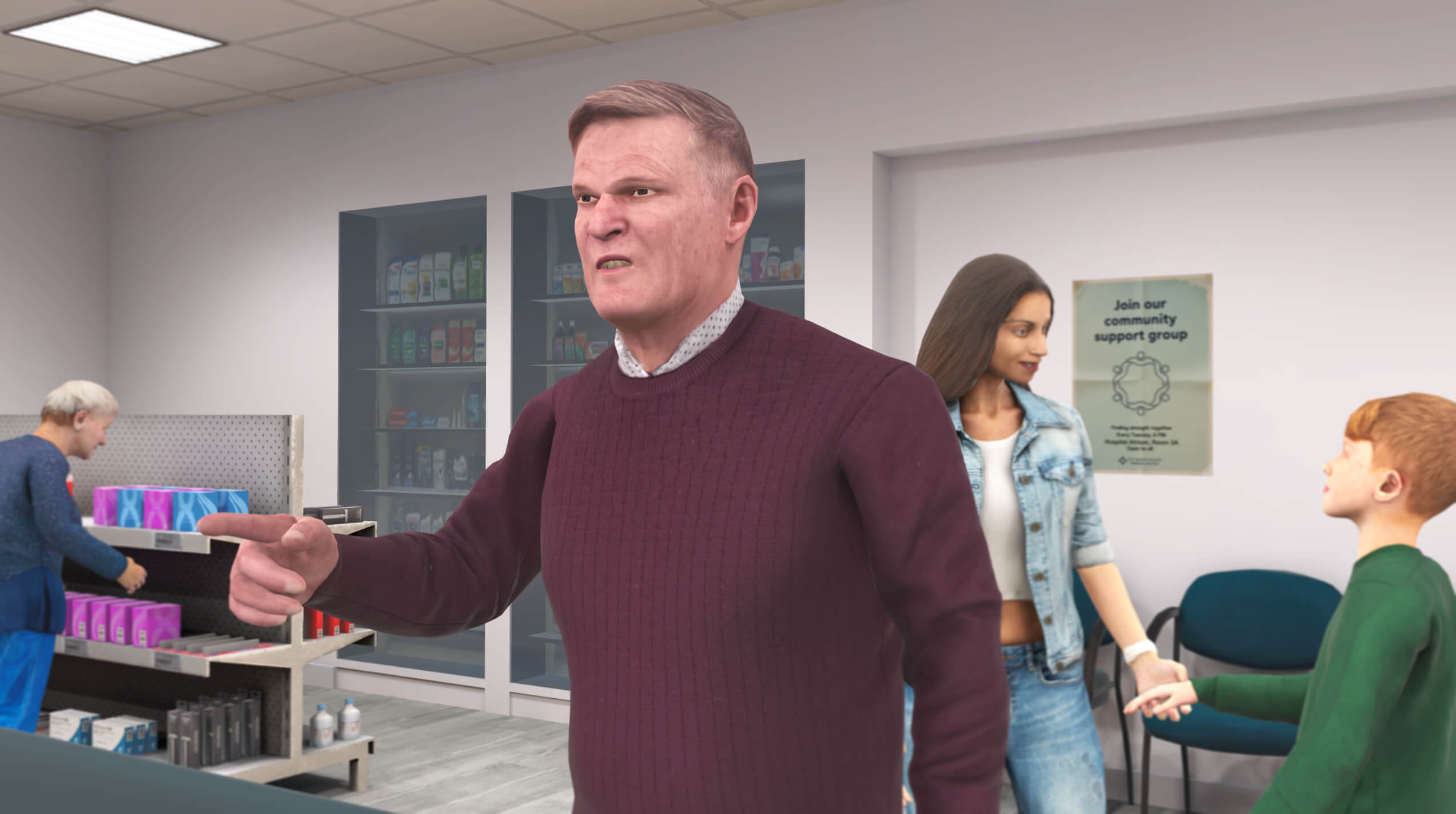 An agitated man raising his voice at a pharmacy counter during a consultation