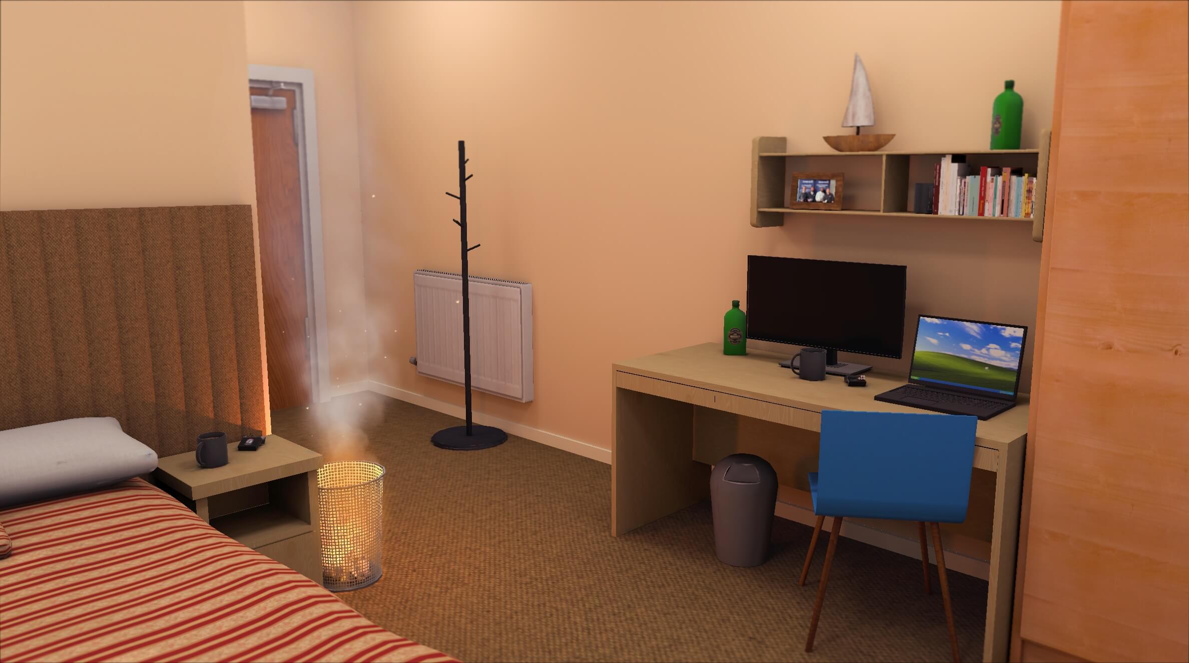 Trainee tackling a paper bin fire in a bedroom during an Imersifi Fire Extinguisher Control scenario