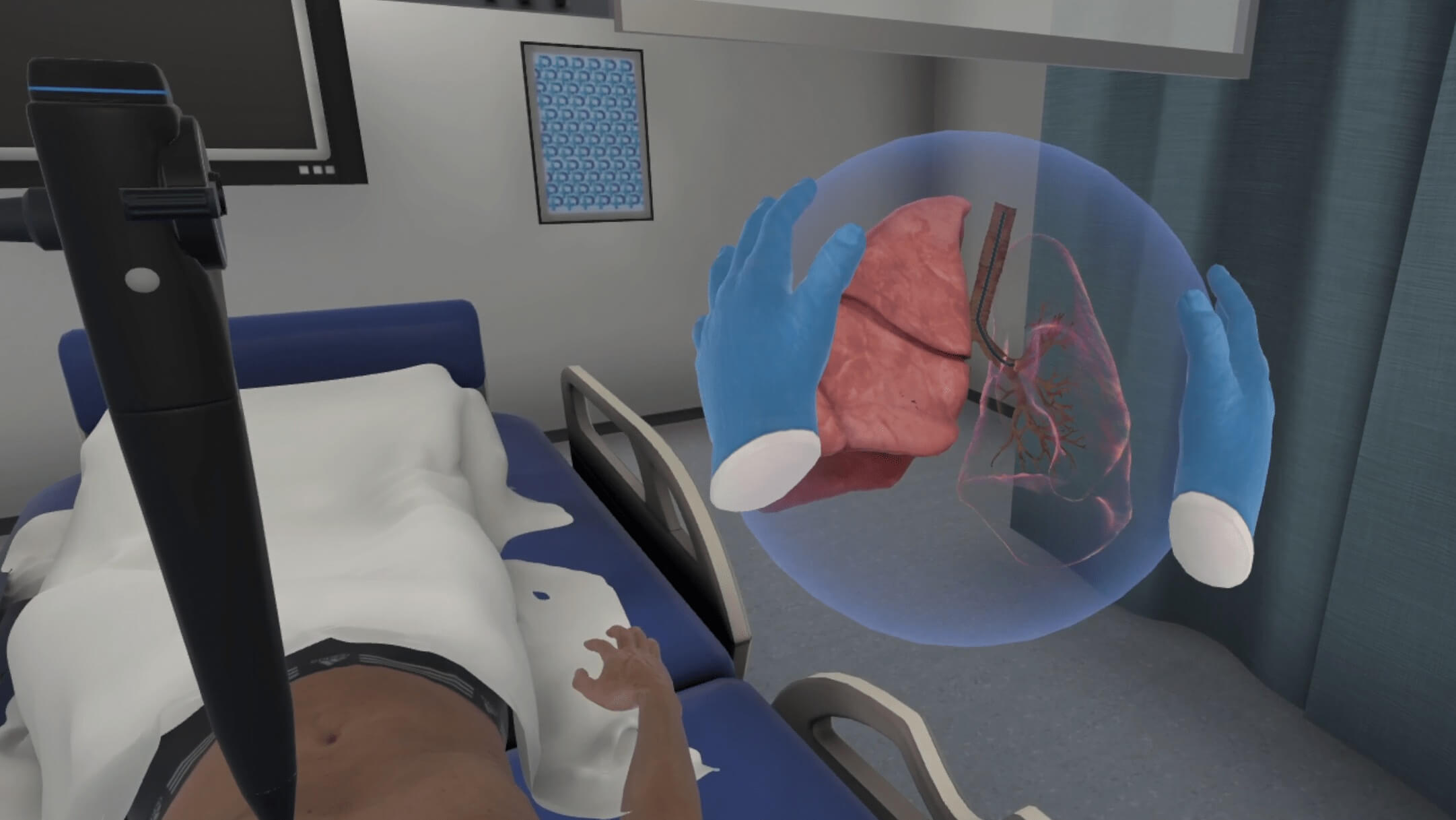 Clinician navigating the lung in the bronchoscopy VR simulation