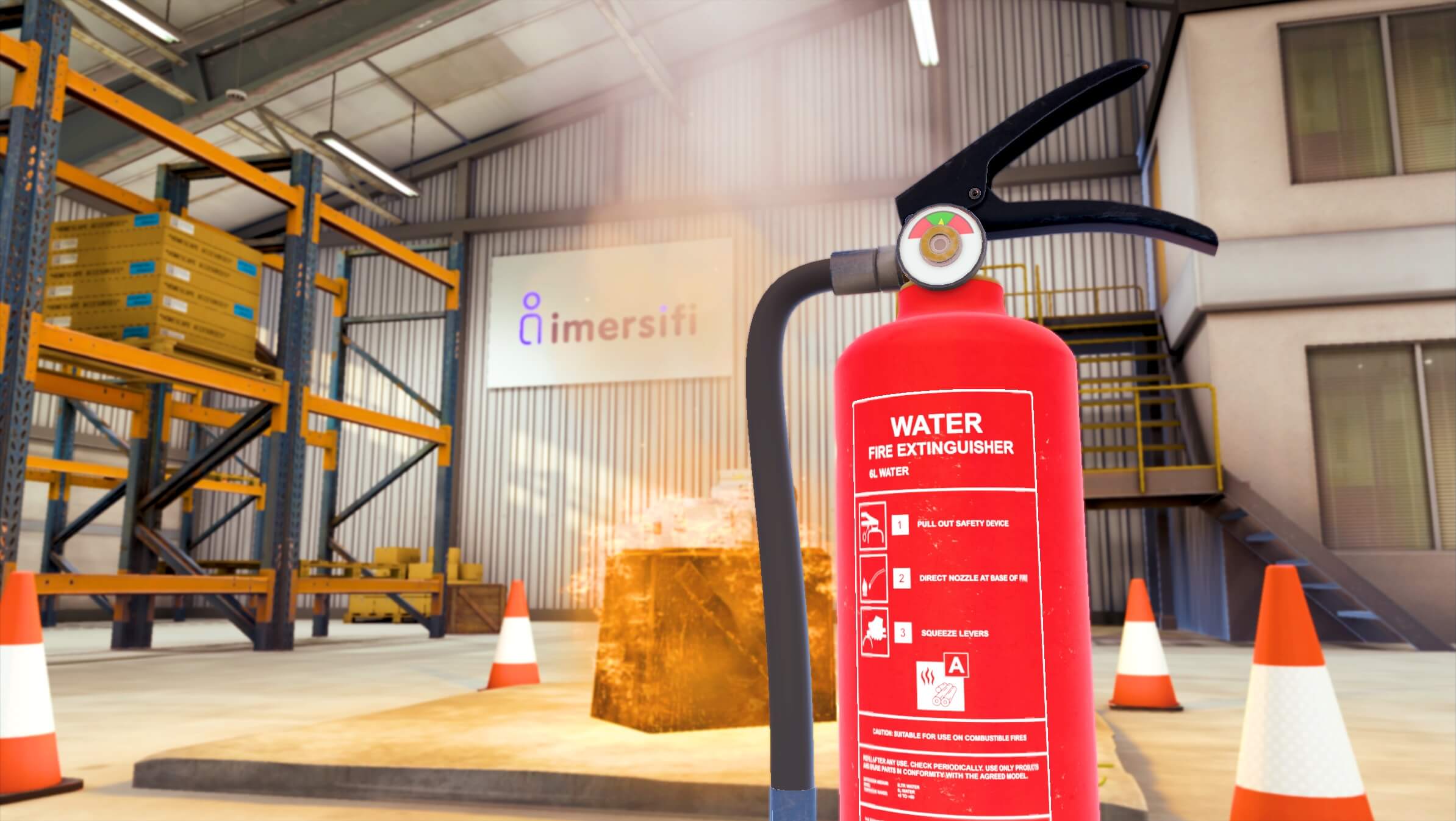 Trainee practising with a fire extinguisher on a combustible fire inside a warehouse environment