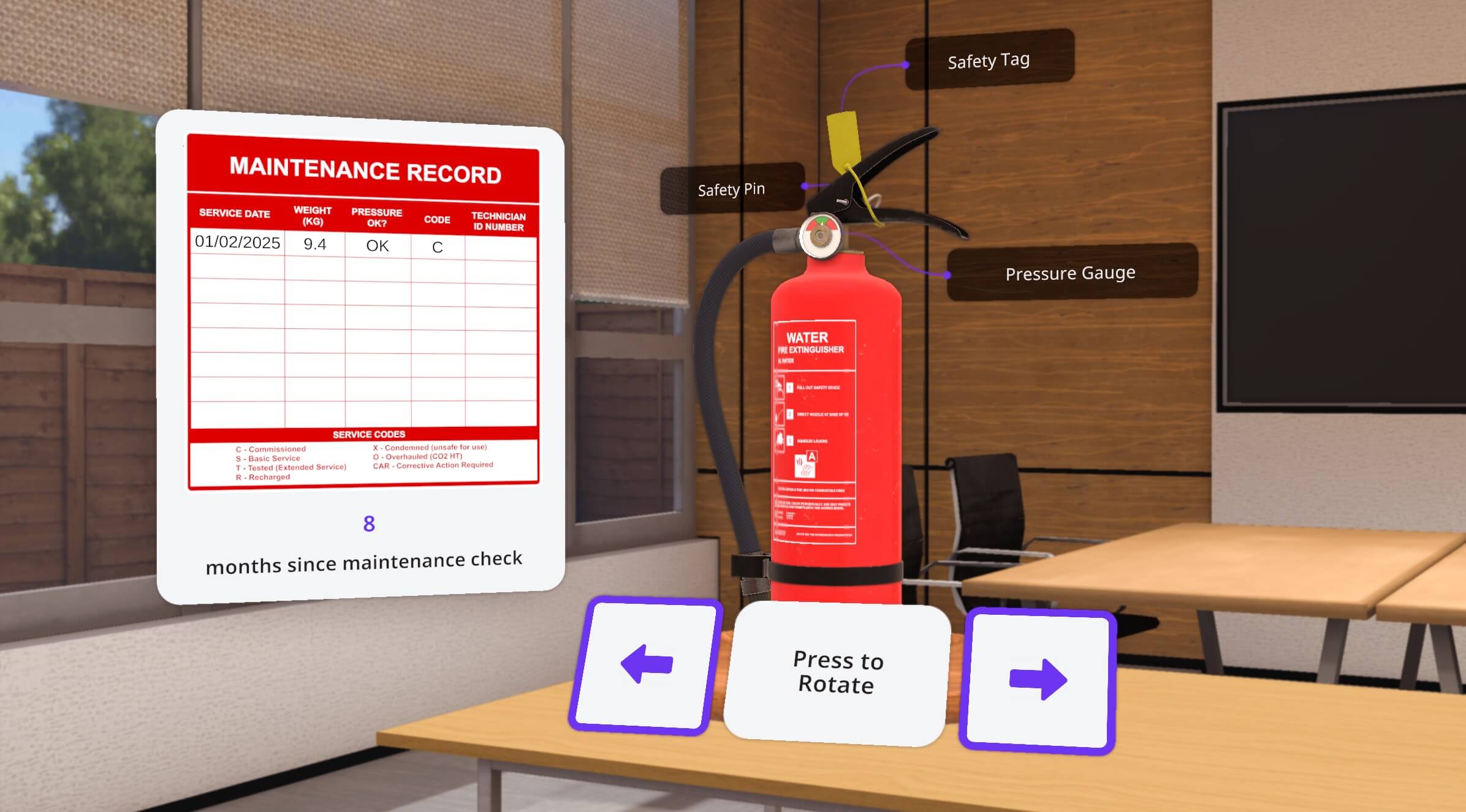 Learner playing an interactive fire extinguisher maintenance game in VR