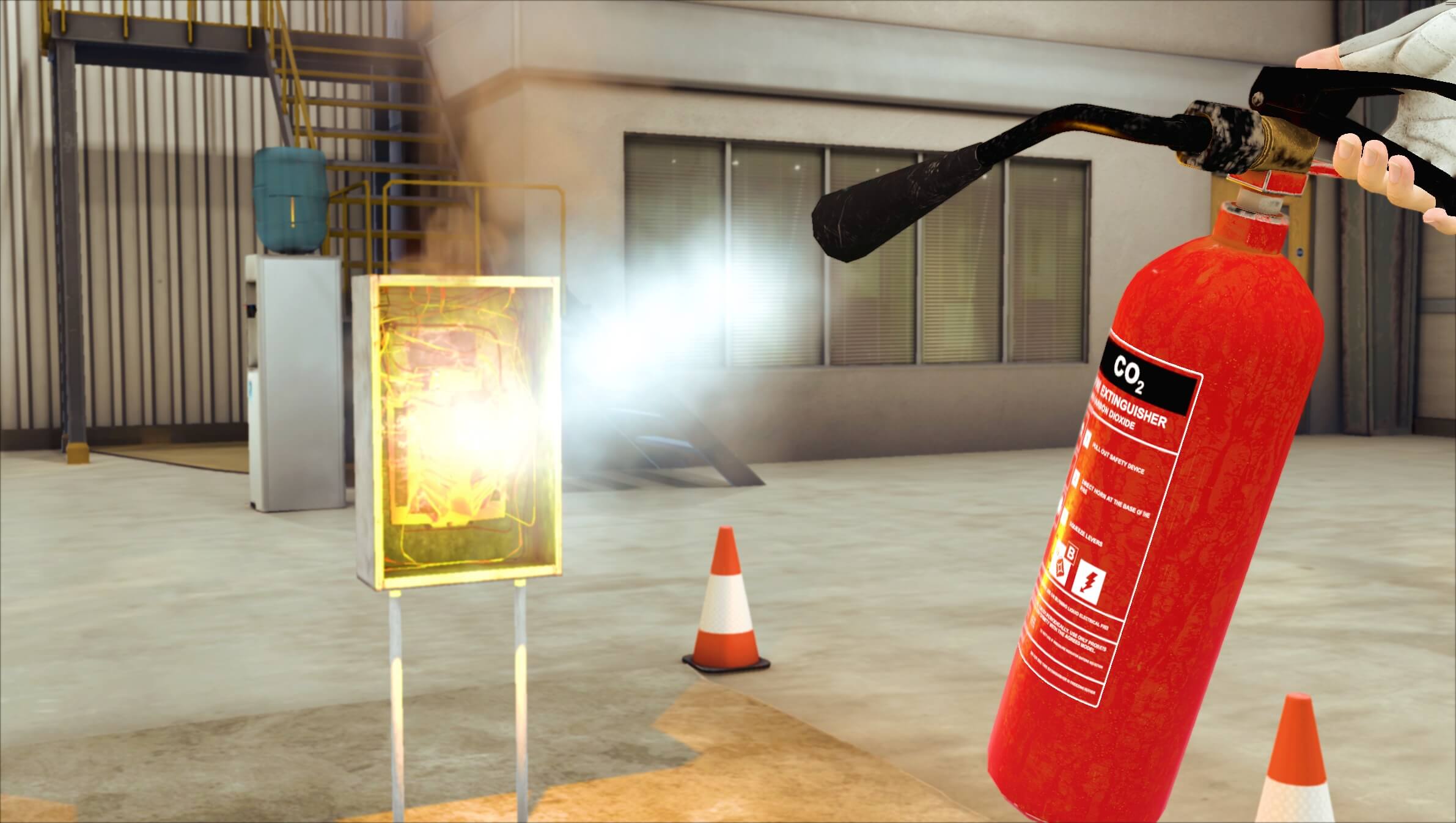 Extinguishing an electrical cabinet fire in a VR training scenario