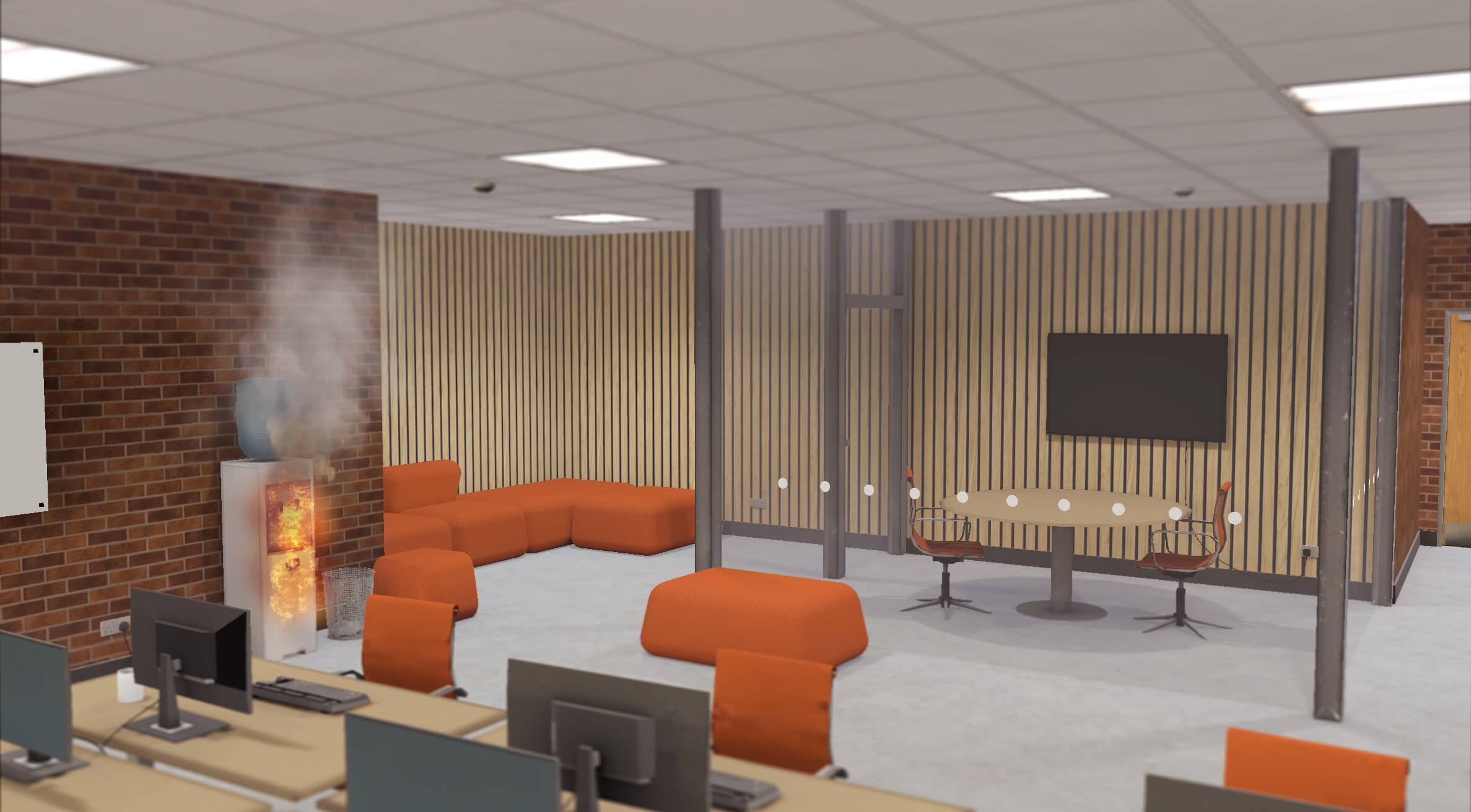 A water cooler on fire in an open plan office