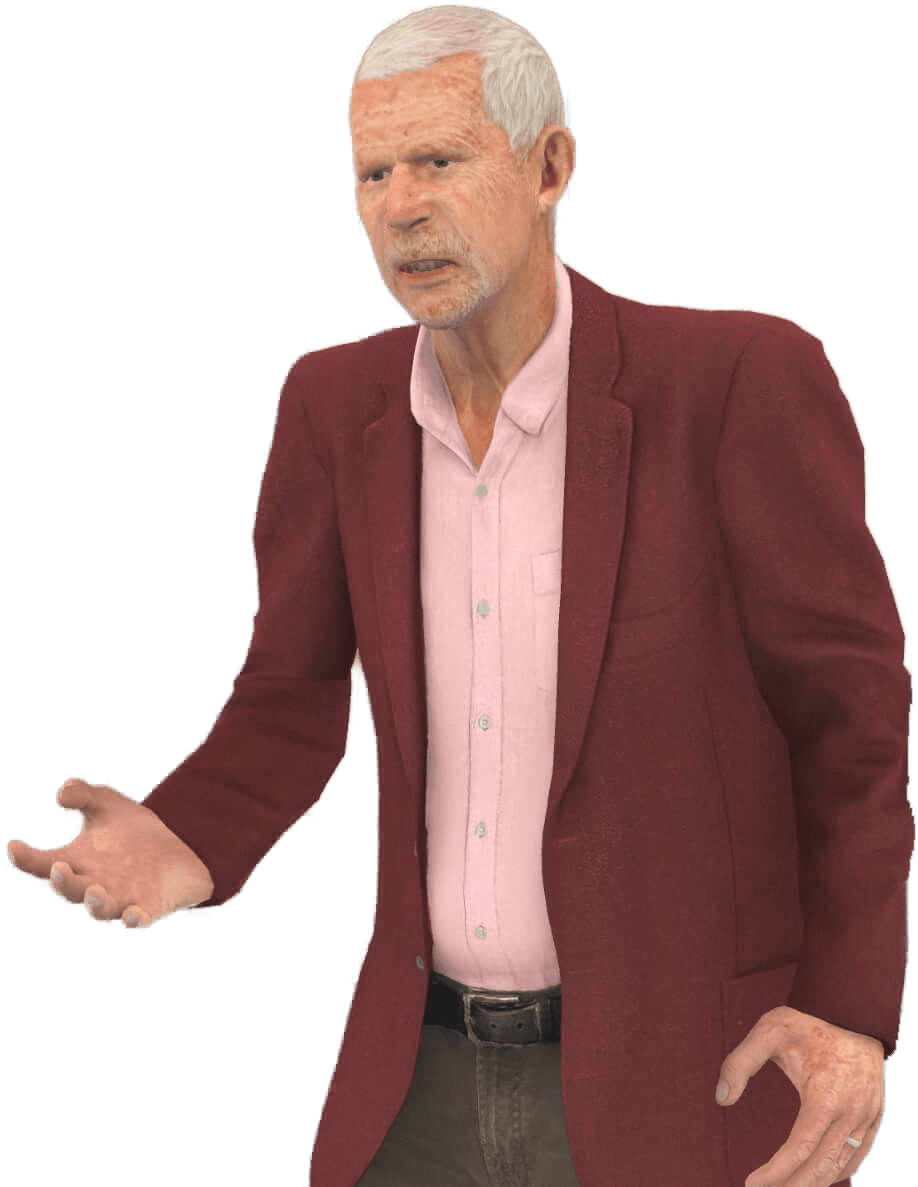 Older male virtual patient seated during a pharmacy consultation scenario