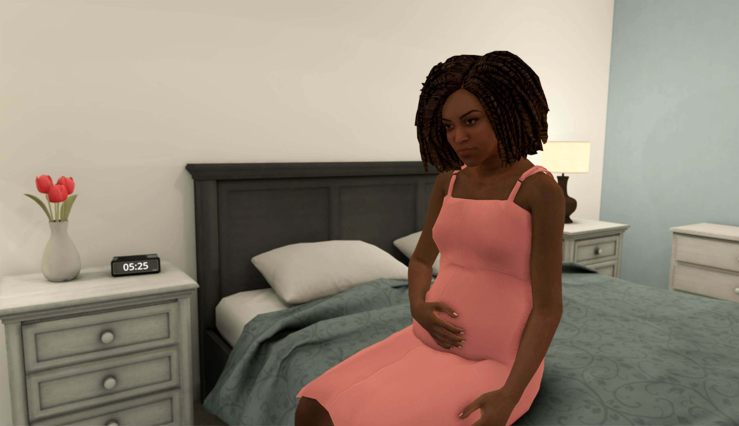 Pregnant woman seated on a hospital bed in an Imersifi AI Patient Consultation scenario