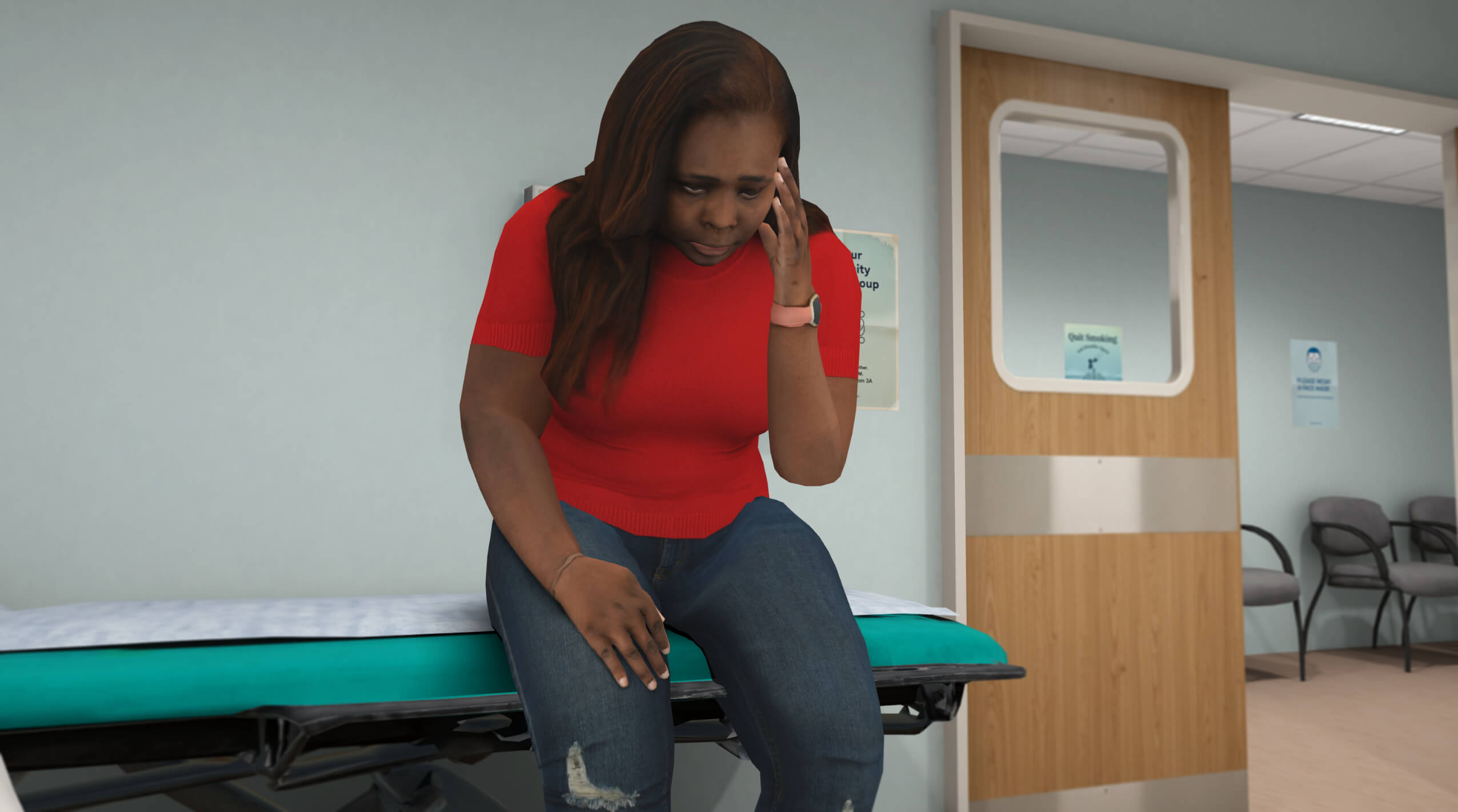 Distressed virtual patient during an emergency triage consultation