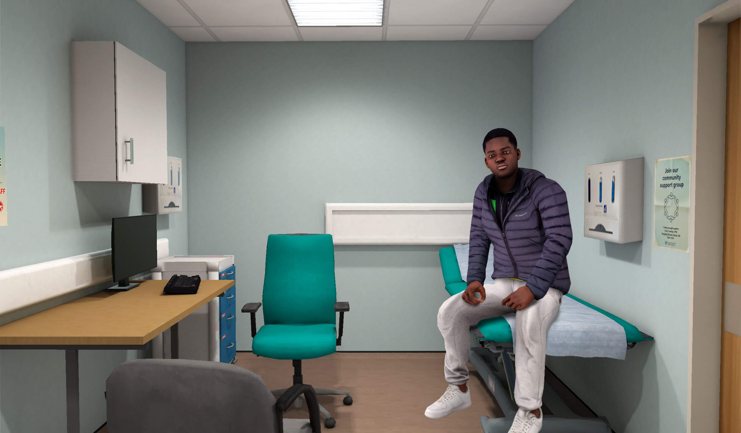 Young male patient seated on a triage bed during an Imersifi AI Patient Consultation scenario
