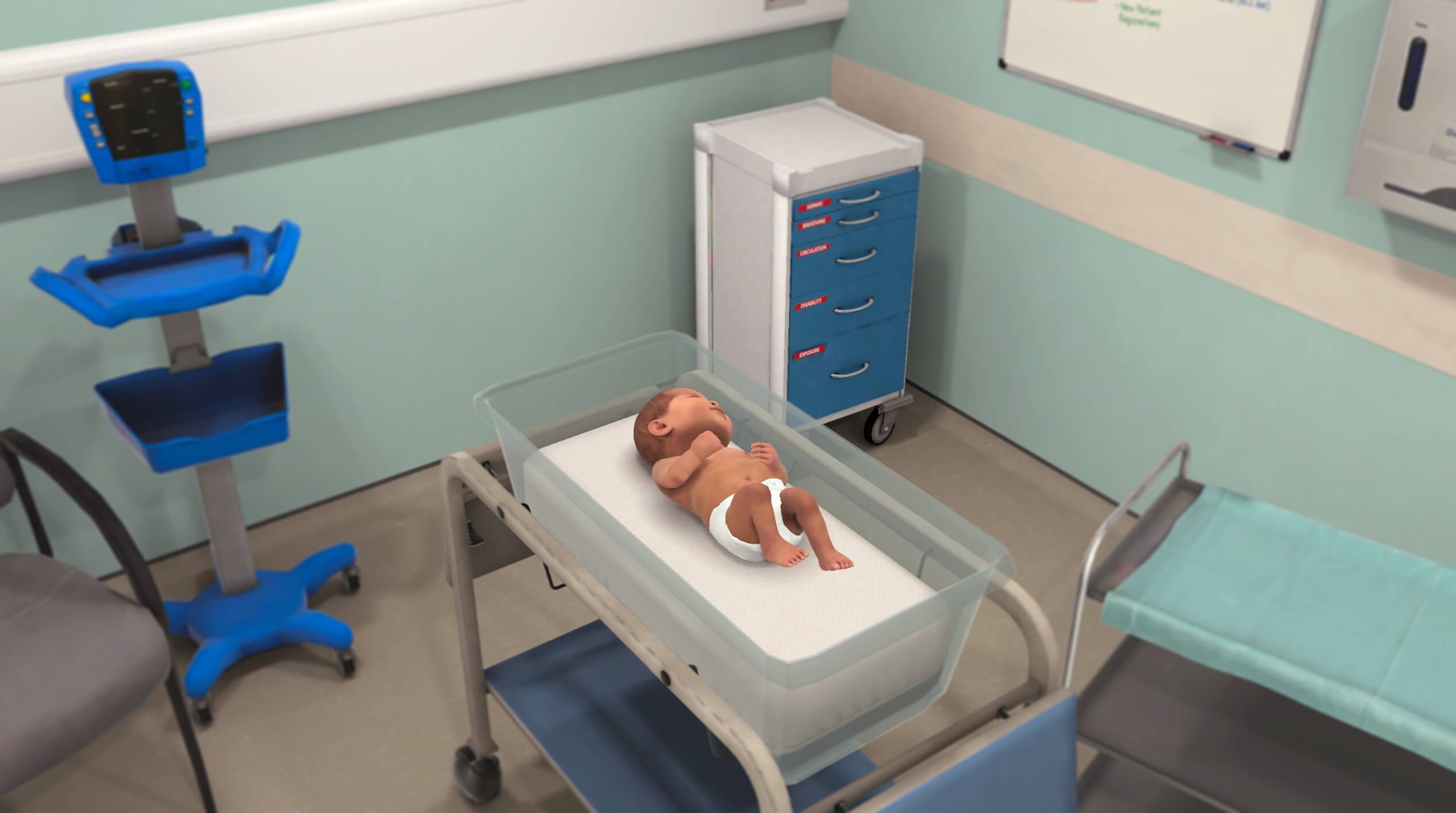 Newborn infant on an examination surface during a NIPE simulation