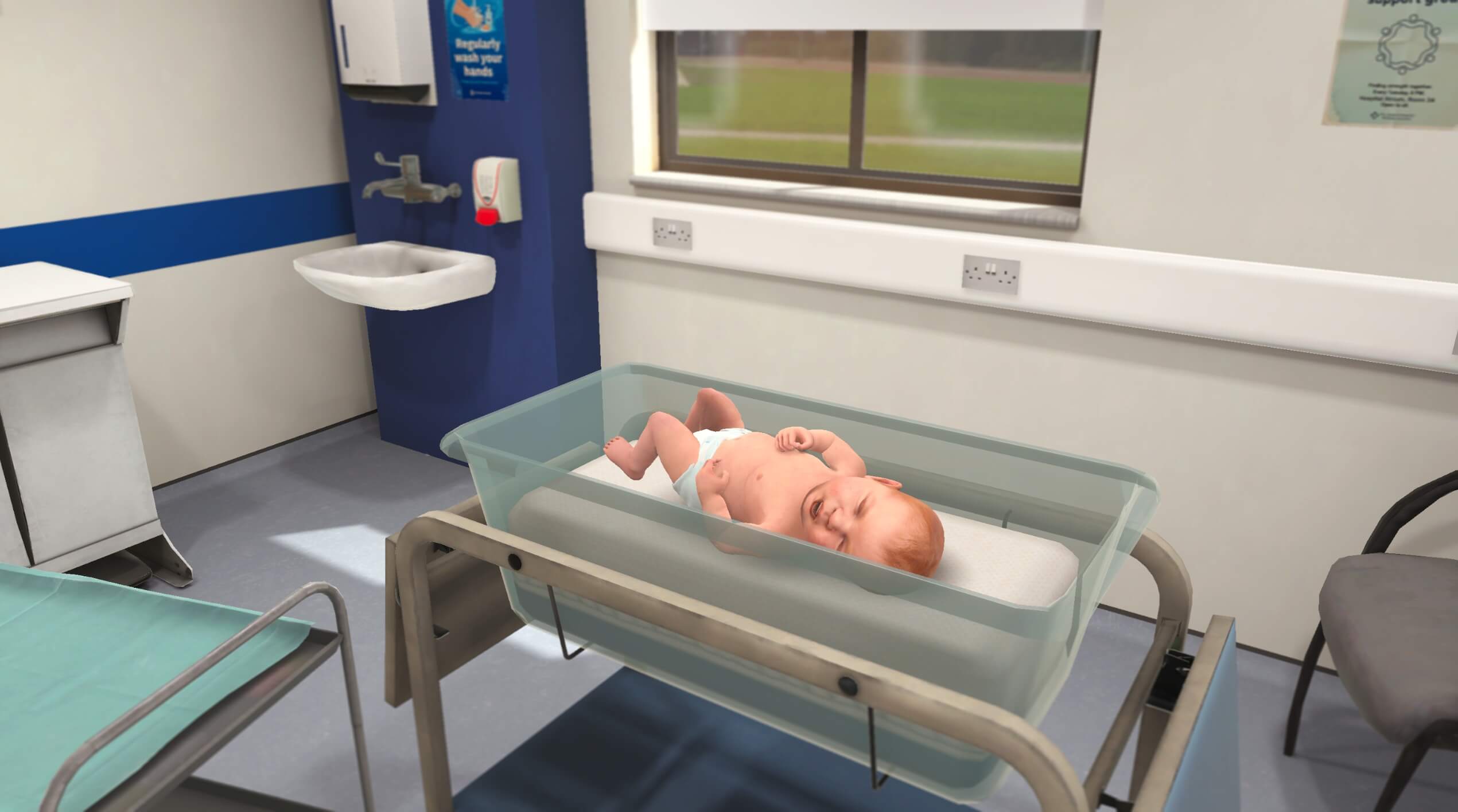 Virtual newborn on an examination cot in the Imersifi Newborn Examination simulation